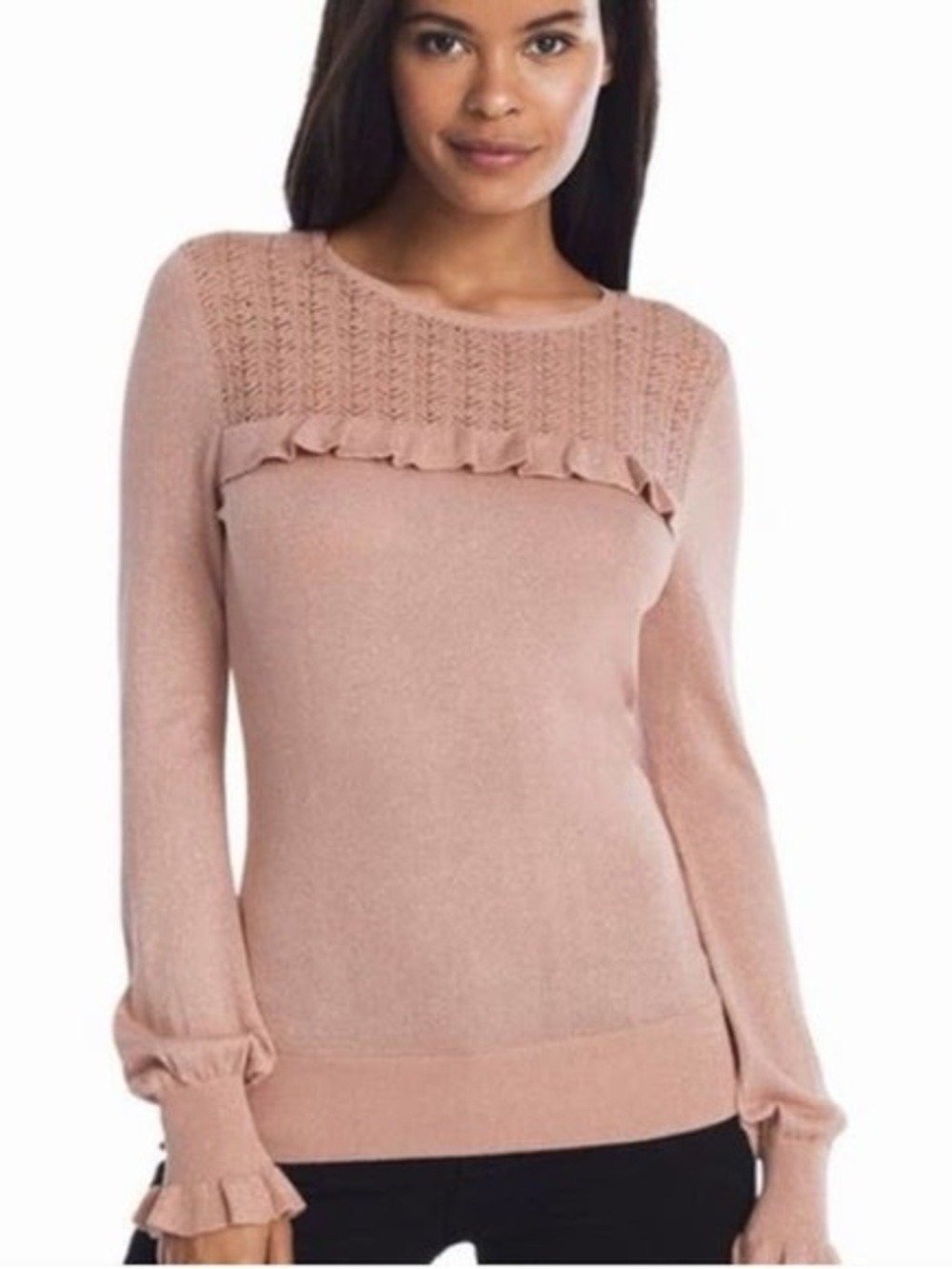 White House Black Market Blush Pink Ruffle Yoke Sweater